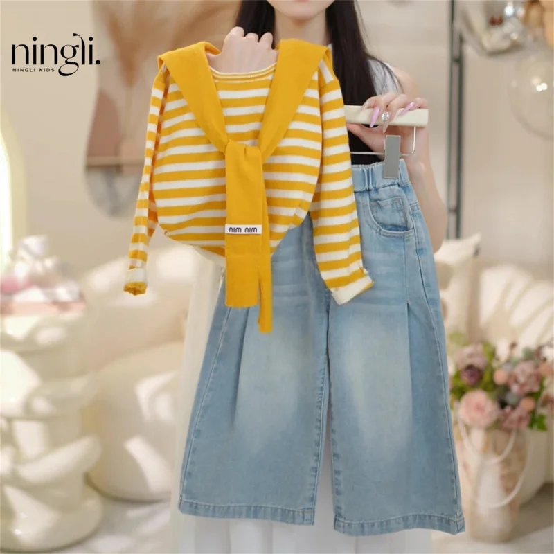 

Girls' Striped Shawl Knitted Base Shirt Autumn New Fashionable Color-Block Round Neck Long SleeveTT shirt