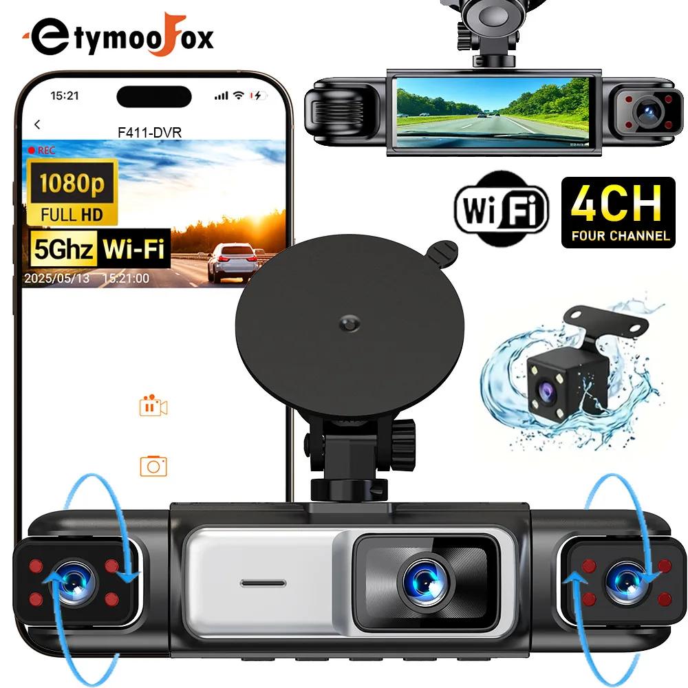 4CH WiFi Dash Cam for Car 360 DVR Camera APP Control 24H Parking Mode Video Recorder IR Night Vision