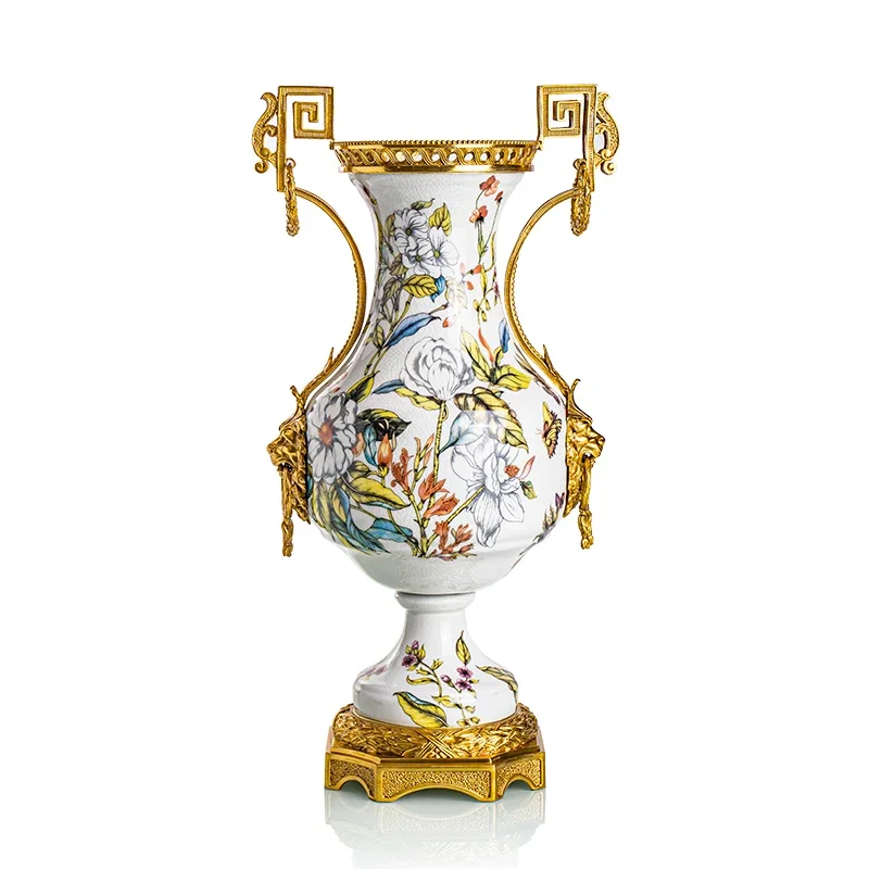 

European luxury ceramics with copper vase ornaments, American living room and dining room entrance decorations, high-end flower