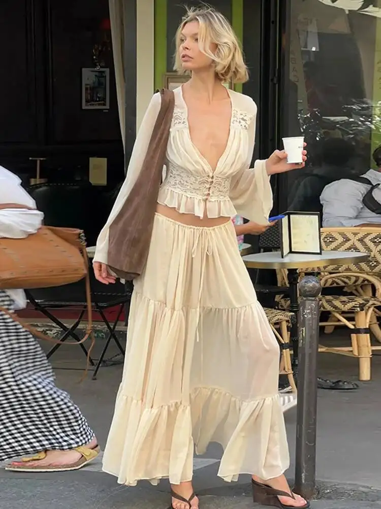 

JULISSA MO Patchwork Sexy Deep V-neck Sheer Chiffon Women Skirt Set Long Sleeve Top Long Skirt Spring Slim Casual Two Piece Sets