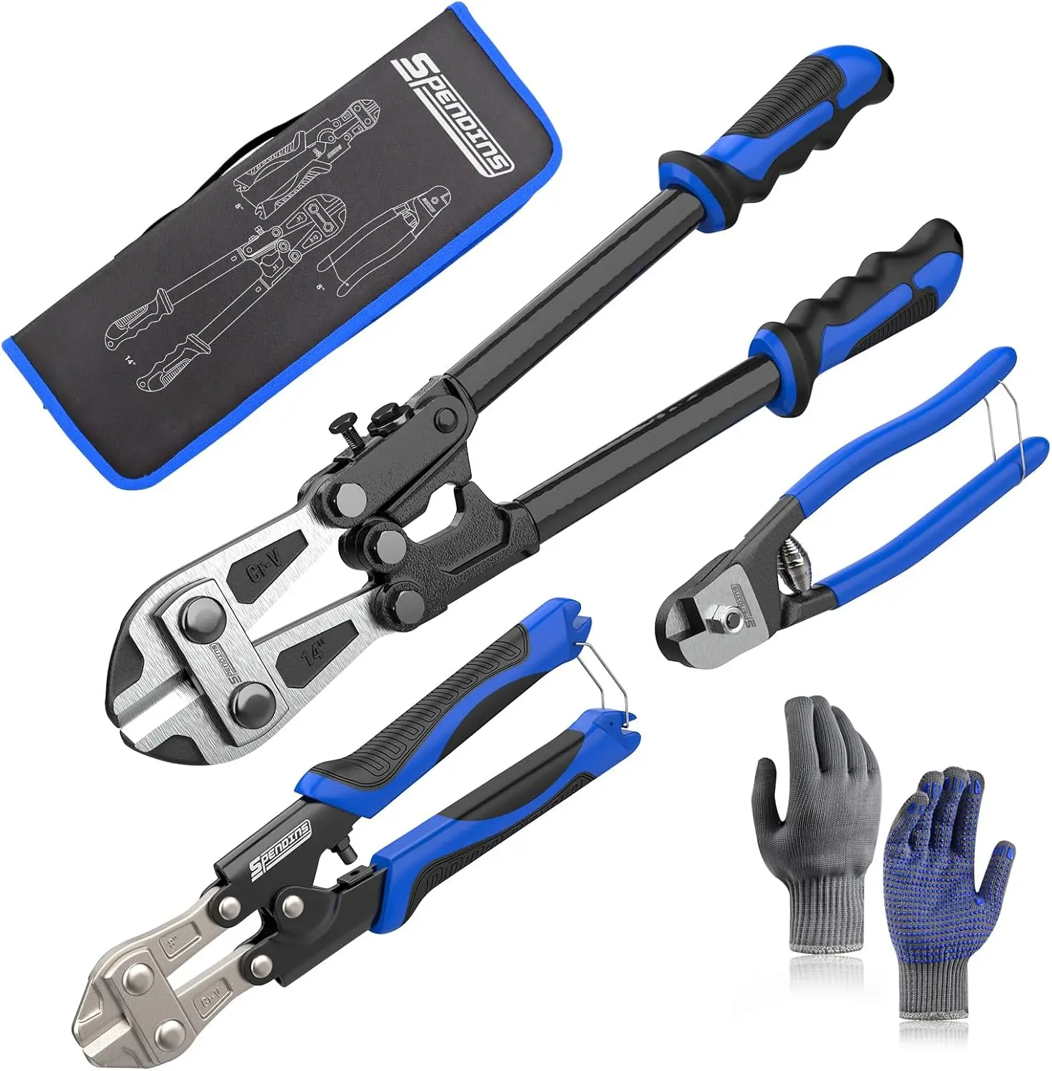 

3-Piece Bolt Cutter Set: 14' Heavy Duty, 8' Mini & Wire Rope Cutter with Case, Ergonomic Handles, Cr-V Blades for Locks, Chains,