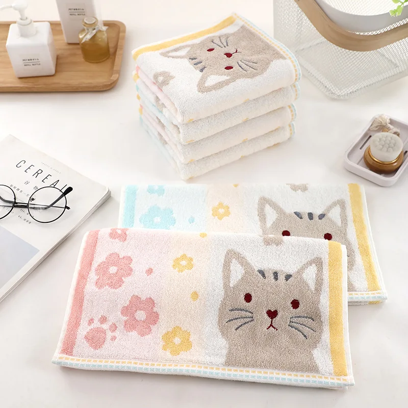 Cute Cat Face Bath Towel Set for Children, Cotton, 1 Set, 70x140 cm, 35x75 cm, Bathroom, High Quality