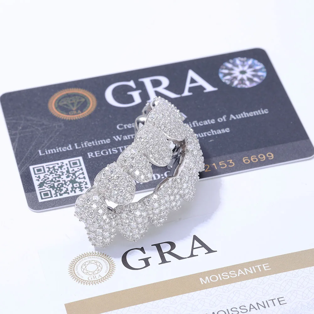Hip Hop Custom Per Cut Grillz Personalized Big VVS Moissanite Diamond Mens 925 Silver Sterling Deep Cut Grillz Teeth Decoration