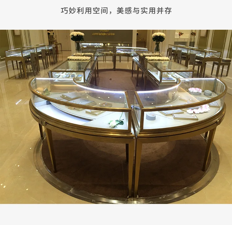 Custom.Curved Jewelry Shop Fixture Glass Display Counter Lockable Jewelry Glass Vitrine Showcase Display Cabinet
