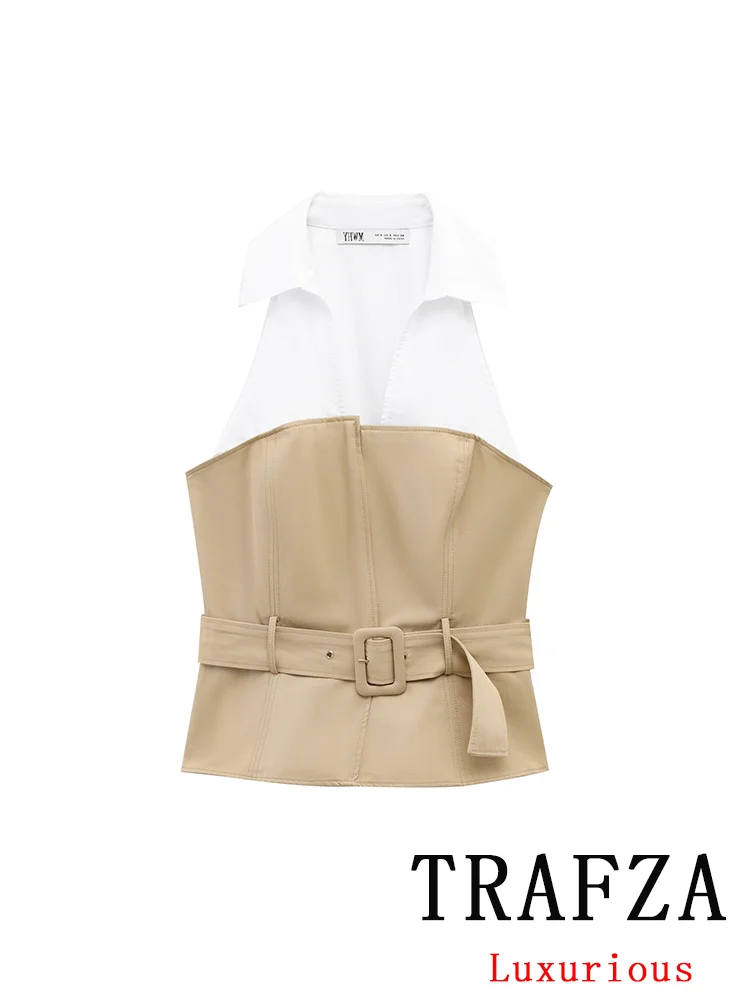 

TRAFZA Vintage Elegant Chic Women Halter Tops Patchwork Sleeveless V-Neck Sashes Vest Fashion 2025 Spring Summer Office Lady Top