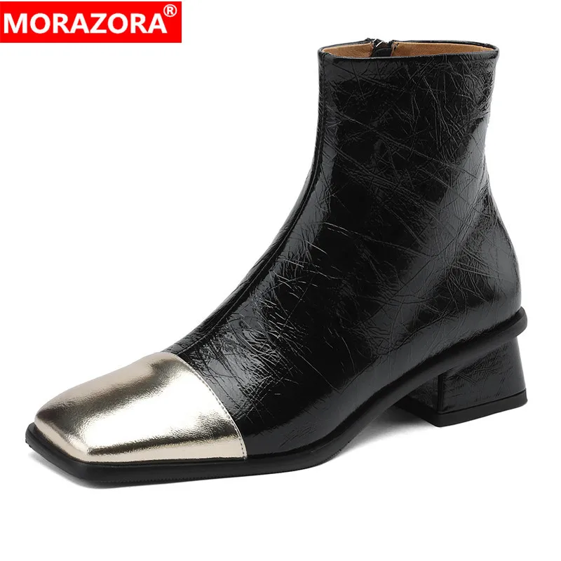 

MORAZORA 2024 New Genuine Leather Boots Women Square Toe Zipper Autumn Winter Ankle Boots For Women Shoes Fashion Lady Footwear