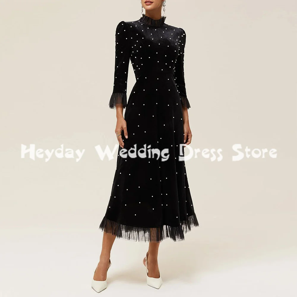 

Heyday Women's Customized Velour High-neck Pearls A-Line Evening Dresses With 3/4 Sleeves Tea-Length Formal Elegant Dresses 2025