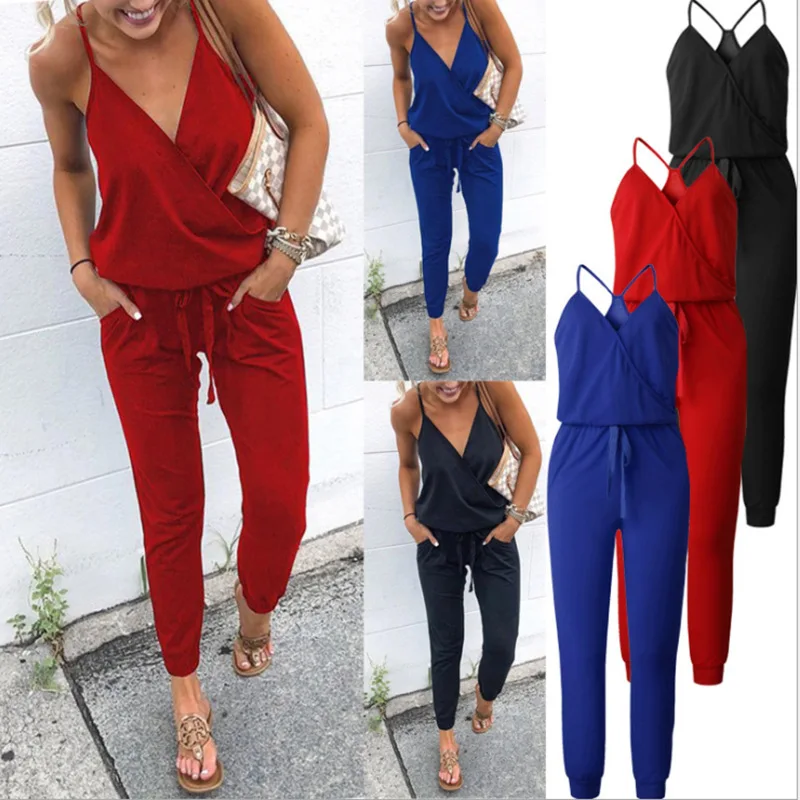 

Women Jumpsuits Overalls Sleeveless Solid Color High Street Loose Casual Flat Sexy Backless Pockets Pencil Pants Autumn