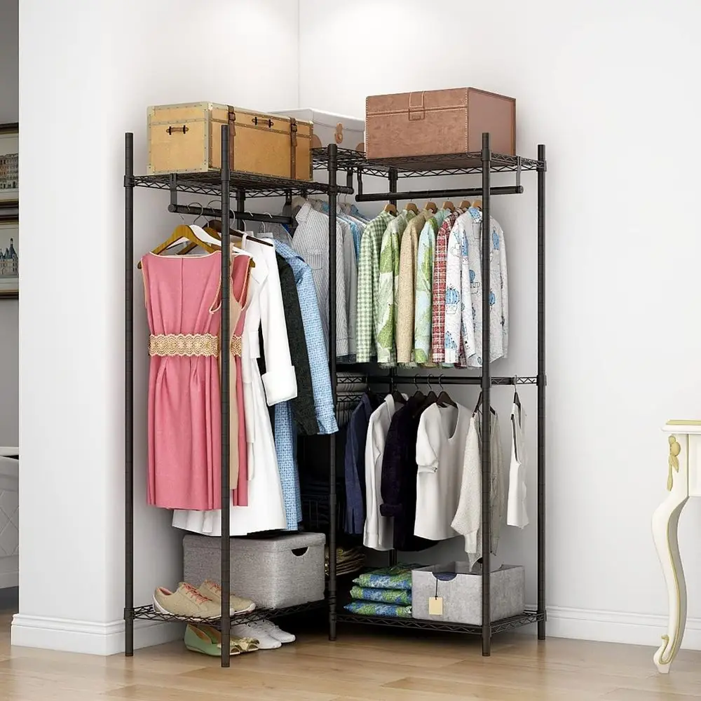 Sturdy Wire Clothes Rack with Adjustable Shelves & 2 Fixed Baskets, 60.7L x 15.7W x 70.5H, Max 720LBS Load Capacity, Black