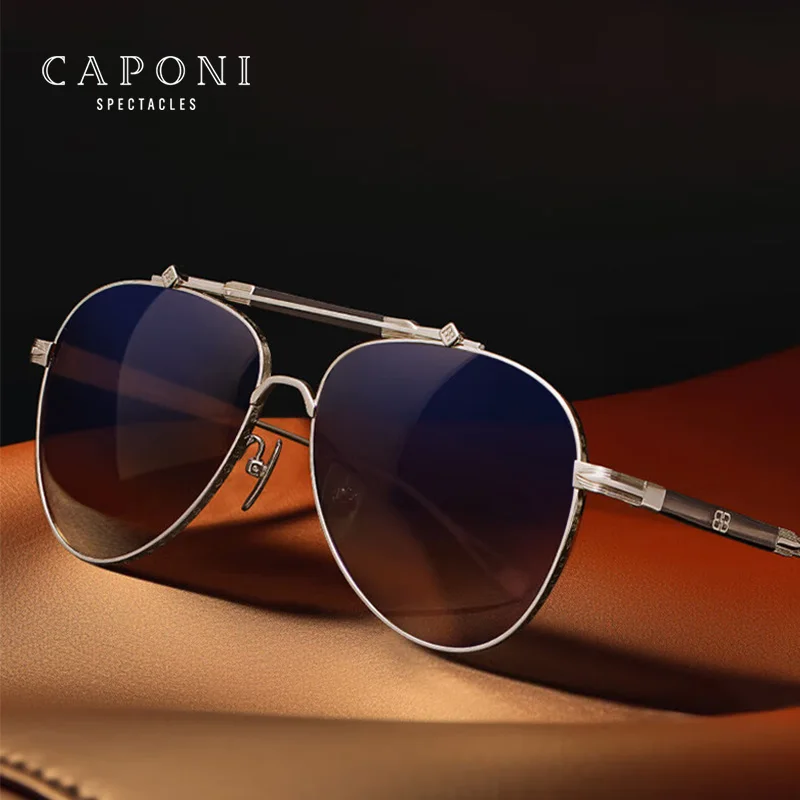 CAPONI HD Nylon Polarized Sun Glasses Pure Titanium Gradient UV400 Designer Eyewear Pilot Style Outdoor Men\'s Sunglasses CP7537