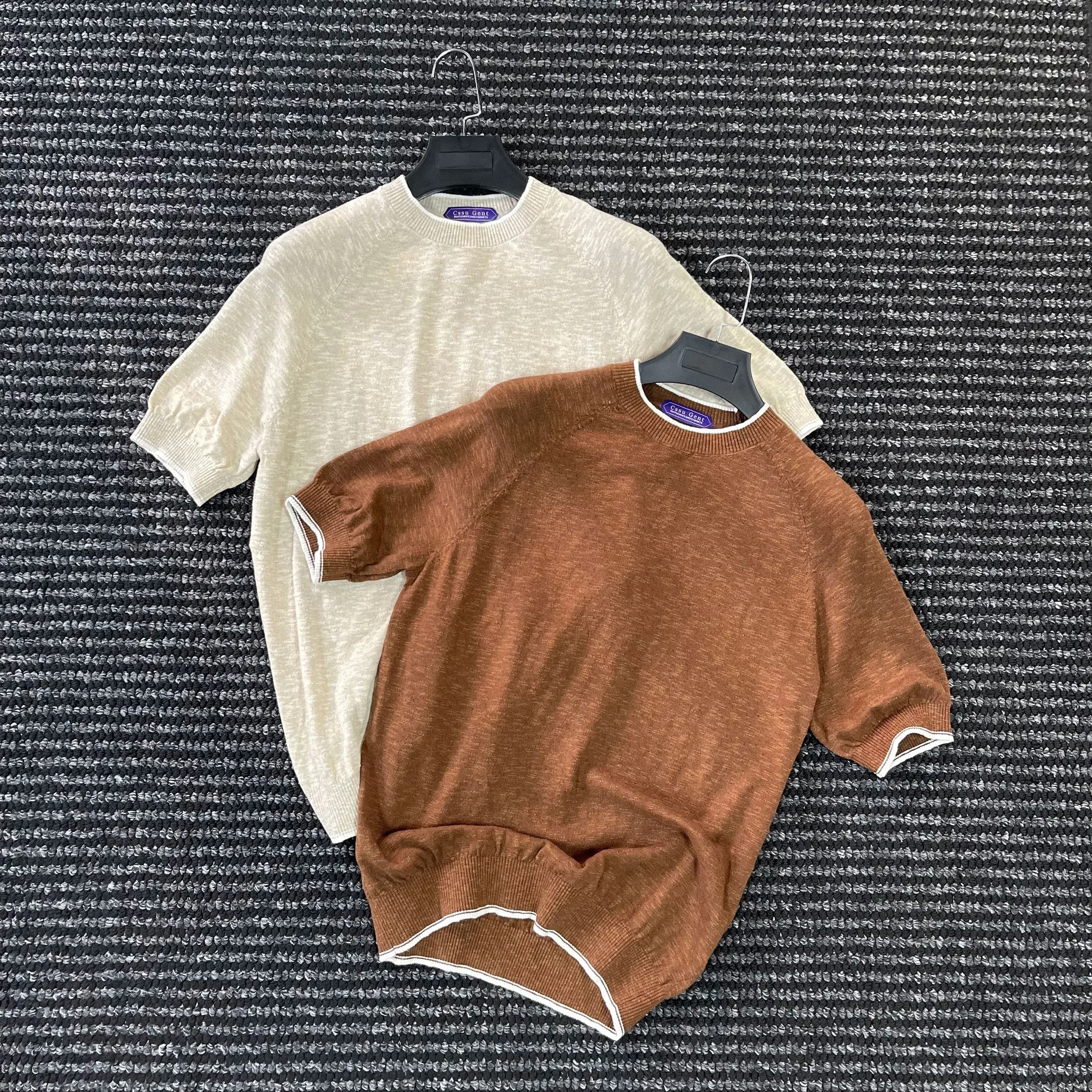 

Classic old money earth color cotton and linen knitted short-sleeved T-shirt