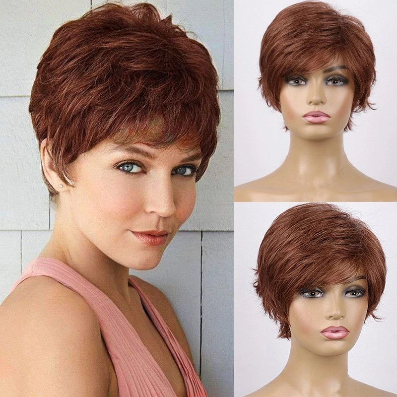 

White ladies short curly hair dark brown fluffy bangs chemical fiber headgear short wigs