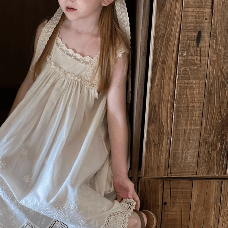 Baby Girl Princess Cotton Lace Dress Infant Toddler Child Sleeveless Flower Embroidery Vintage Vestido Casual Baby Clothes 1-7Y