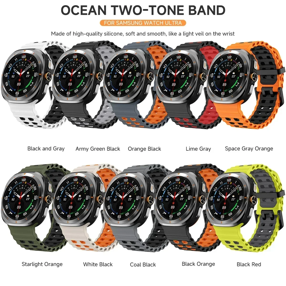1:1 Original Marine Band für Samsung Galaxy Watch 7 Ultra 47 mm Zubehör Zweifarbiges Sport-Silikonarmband Galaxy Watch 7 Armband