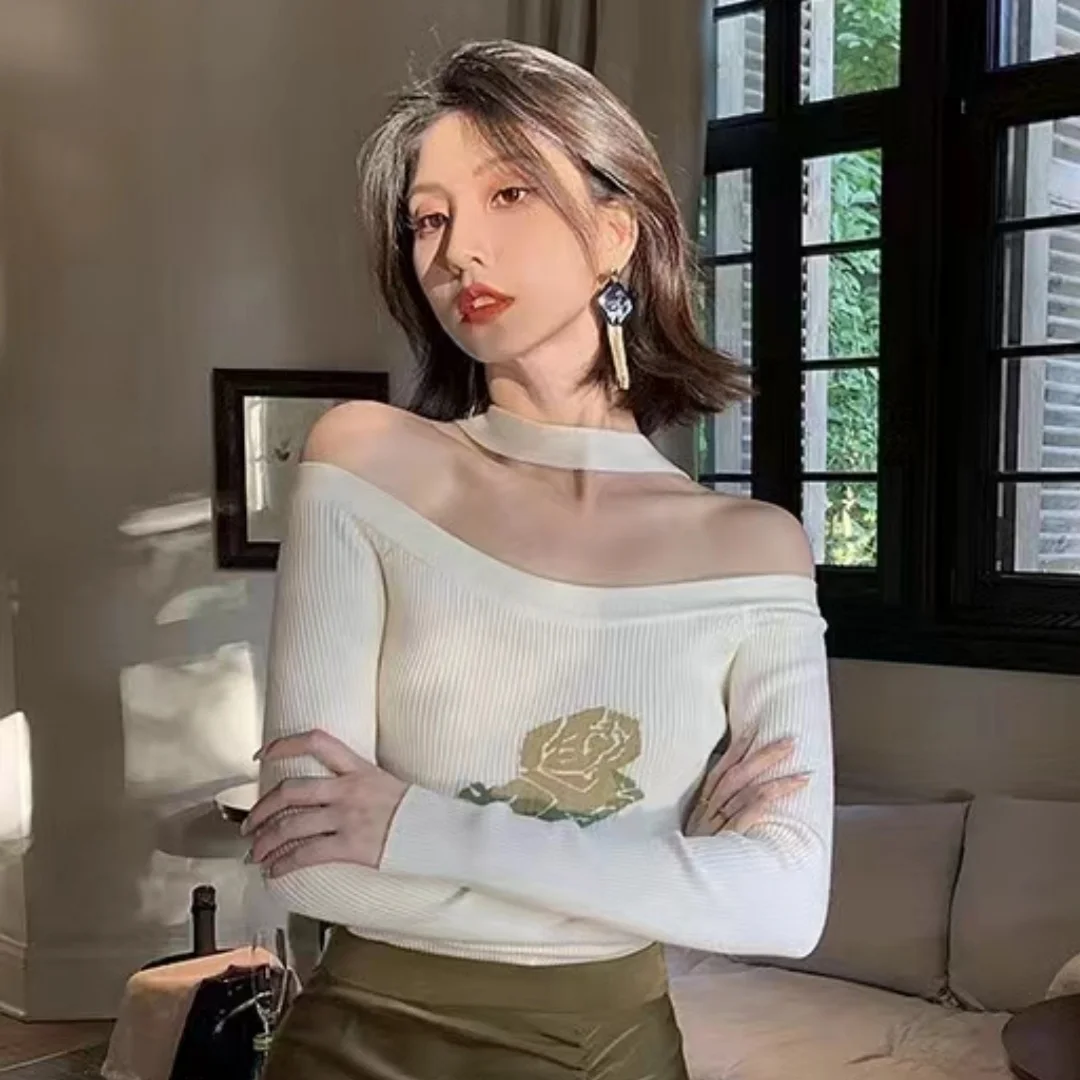 

Spring New Fashion Slash Neck Printed Pullover Slim Off-Shoulder Long-sleeved Sweater Korean Style Elegant Knit Base Layer Top