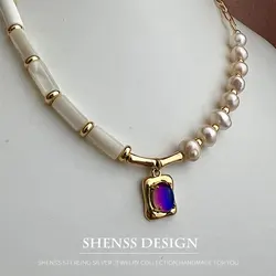 Vintage Necklace Self Design Natural 5-6mm Pearl Shell Charms Necklace For Women Copper Plated 14k Gold Pendant Accessories