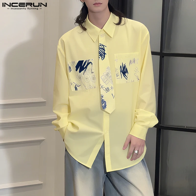 

INCERUN Мужская рубашка с принтом и лацканами, с длинным рукавом, корейский стиль, мужская одежда, уличная одежда, большие размеры, 2025 г., модные повседневные мужские рубашки, S-5XL