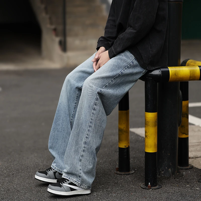 

Мужские повседневные джинсы с широкими штанинами, винтажные свободные брюки, модные удобные прямые потертые уличные мужские джинсовые брюки