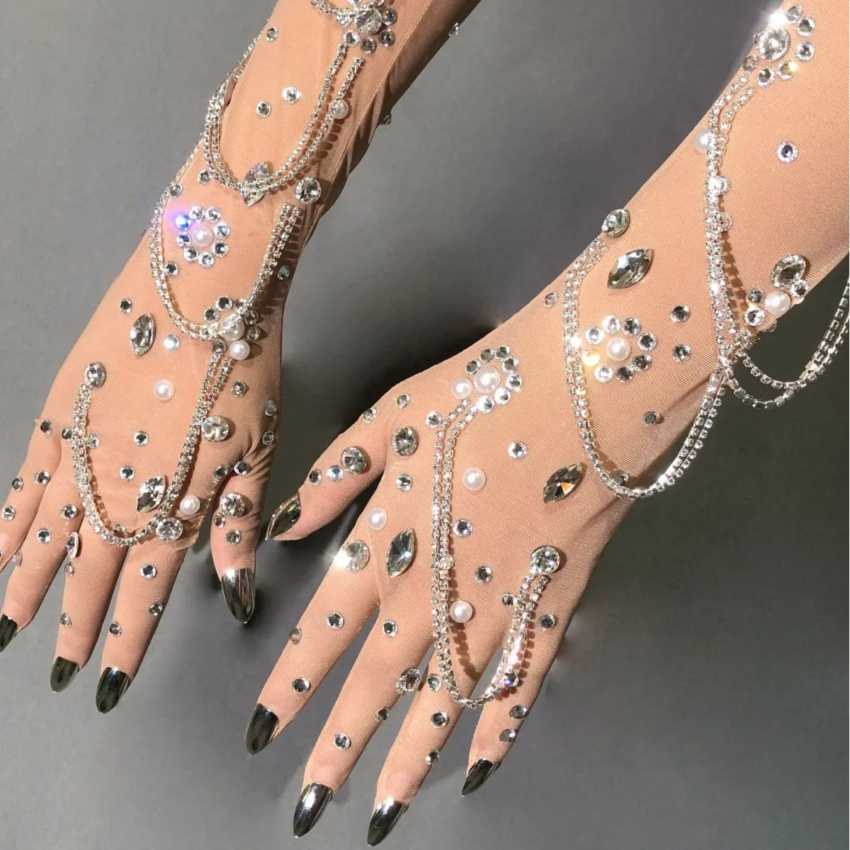 Luxurious Lace Sexy Gloves Stage Dance Stage Performance Arm Sleeves Female Flash Drilling Rhinestone full Finger Gloves crystal