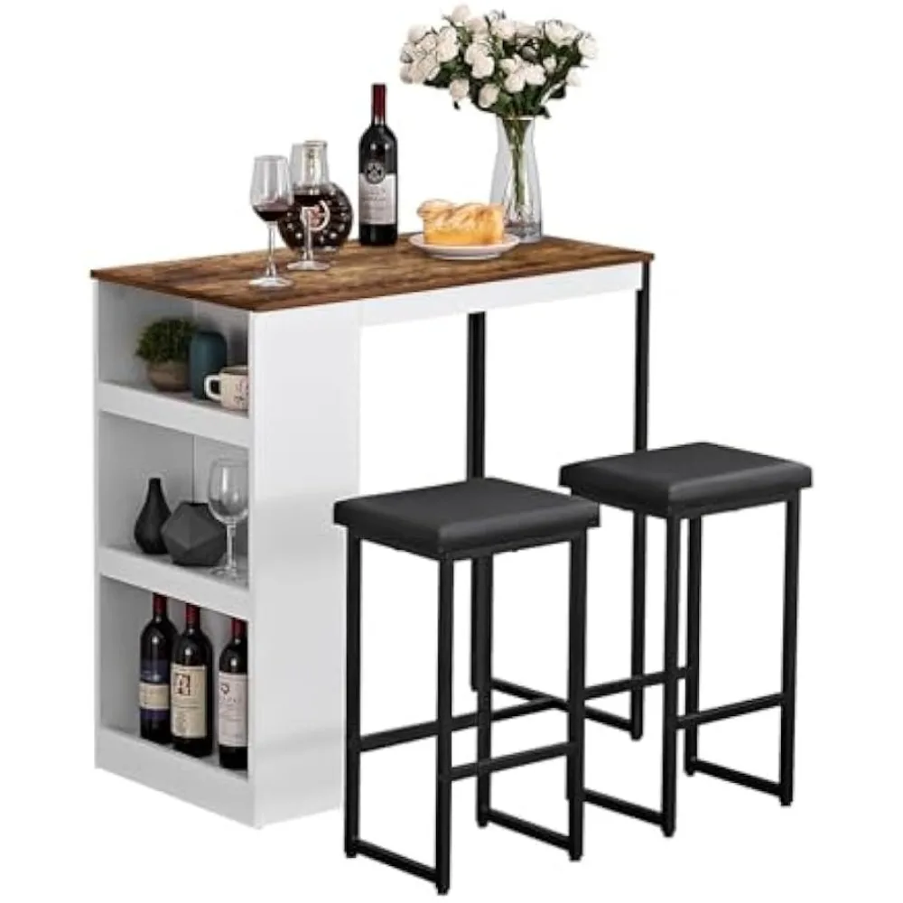 

3 Piece Dining Table Set Kitchen Bar Table with Two Stool Storage Shelves Wood Counter Height Table Top with Sew Kerf Finish Di