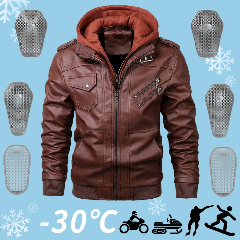 Men's detachable knitted hooded pu leather jacket for autumn and winter, plus size casual all-match trend leather jacket