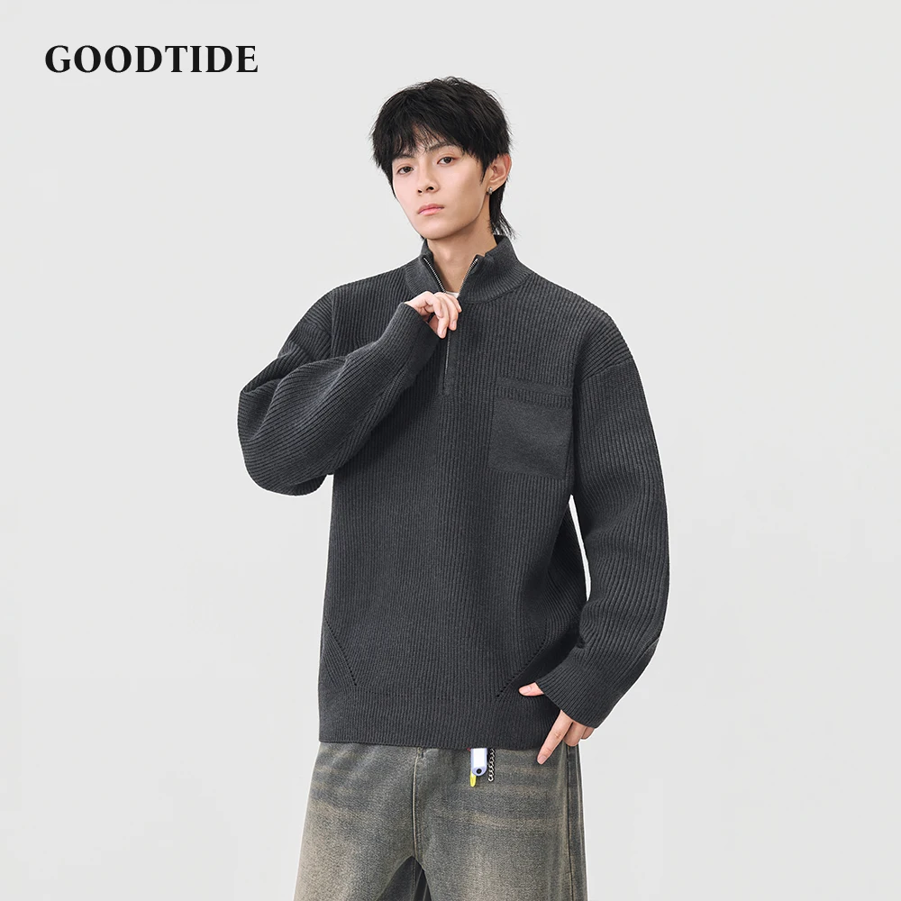 Fashion Men's Casual Half - Zip Mock Neck Sweater 2025 Winter New Ribbed Knit Pullover Pocket Soft Long Sleeve Jumper Top