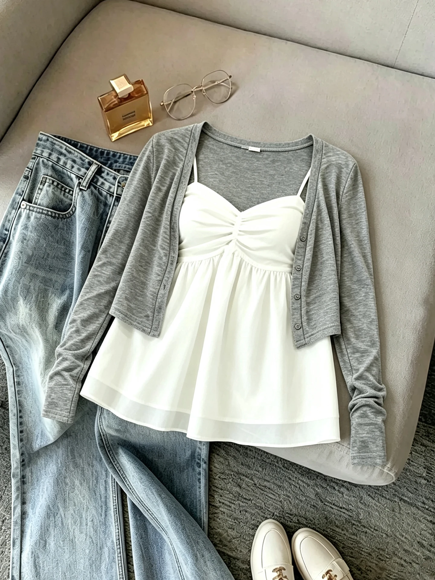 plus Size Women's Summer Slimming V-Neck Sleeveless Cardigan And Tank Top Two-Piece Set Fashionable Casual Korean Style
