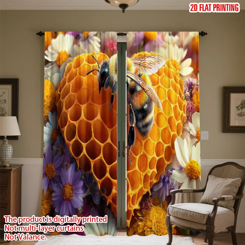 

2D flat printing 2pcs Window Curtains Bee on Heart-Shaped Honeycomb Digital Printed Polyester Drapes Festive Wall Decor for Home