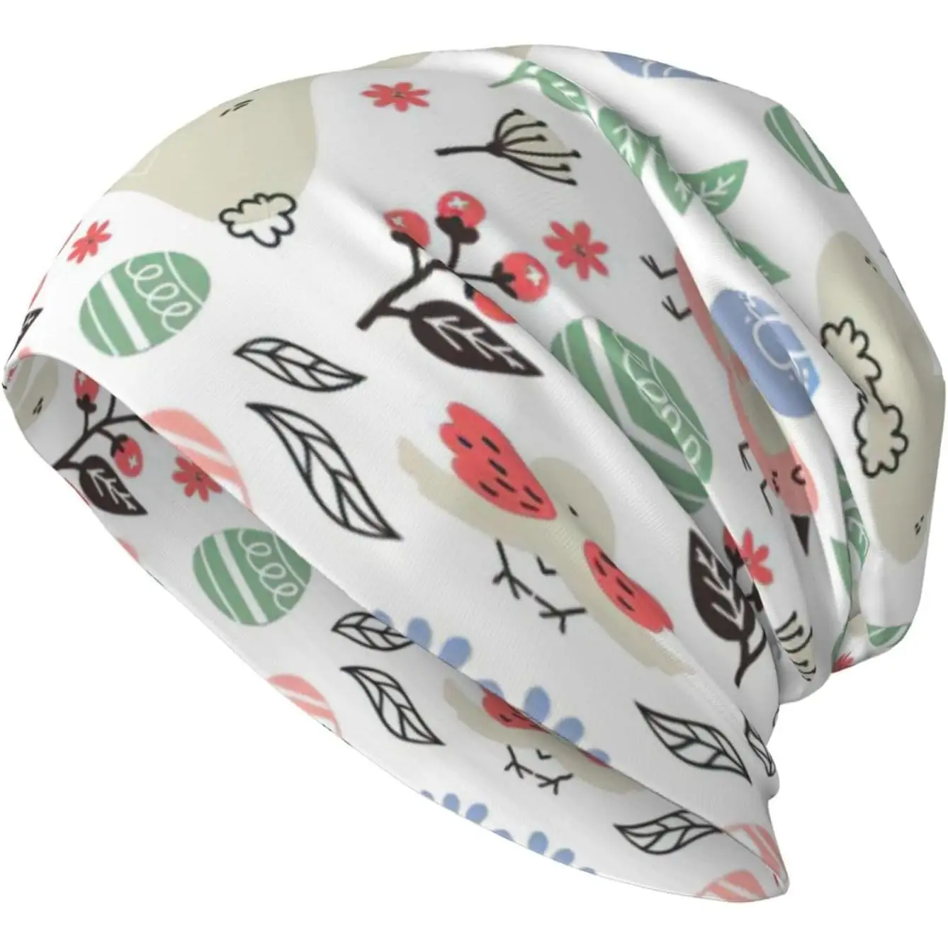 Flowers Bunnies Birds Print Knitted Hat Casual Beanies Hat Stretch Slouchy Headwear Hats Cancer Headwear Black
