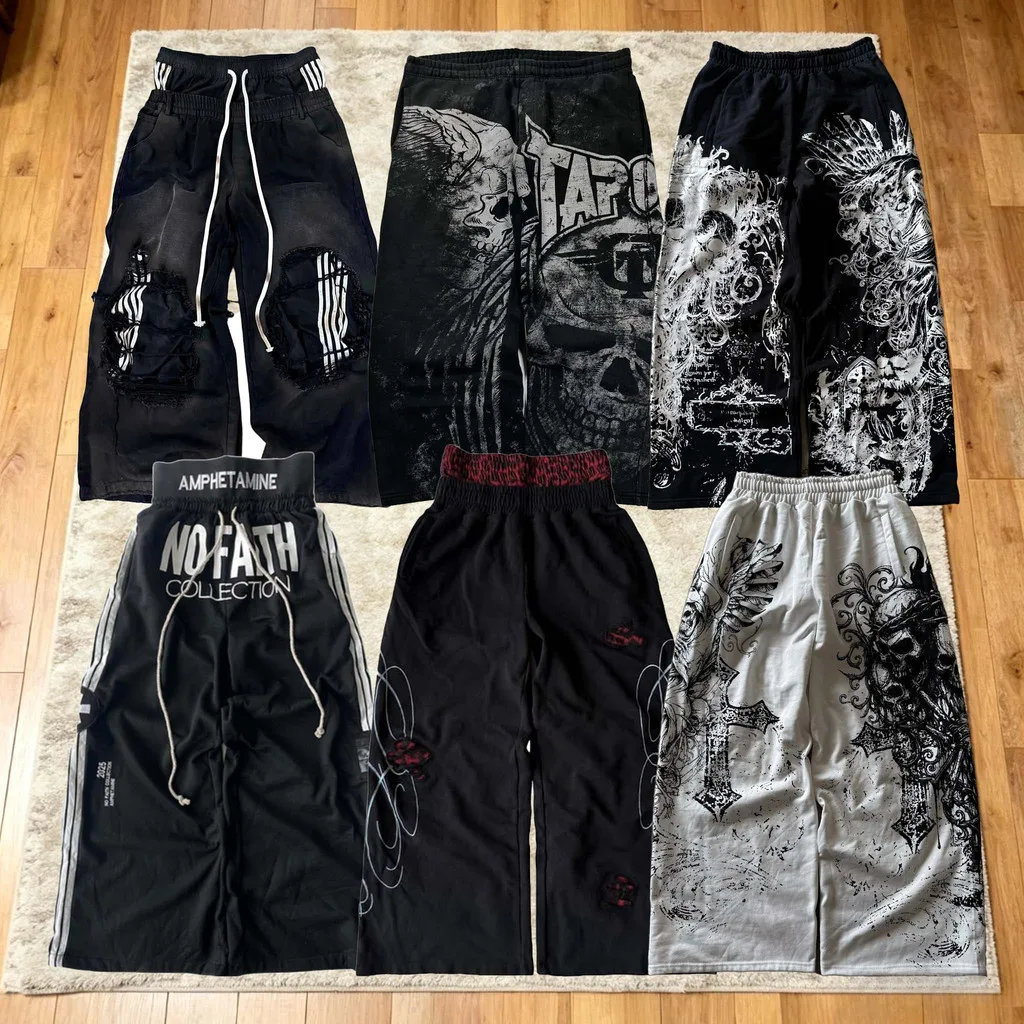 Y2K Trendige Gothic Englische Buchstaben Bestickte Bedruckte Gestreifte Herren Sportbekleidung Hosen Retro Harajuku High Street Punk Freizeithosen