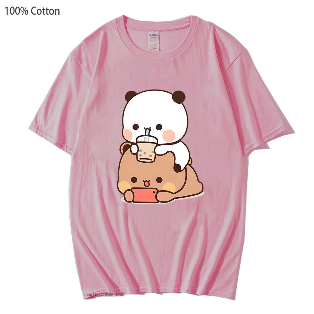 

Bubu Is Watching Dudu While He Playing Games T-Shirts Cute Panda Bear Cartoon Tshirts Women Funny Top Kawaii 100% Cotton Clothes