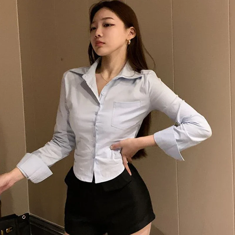 

Elegant Women Korean Shirts Fashion Streetwear Female Slim Blouse Spring Y2K Casual Office Ladies Sexy Cropped Tops New