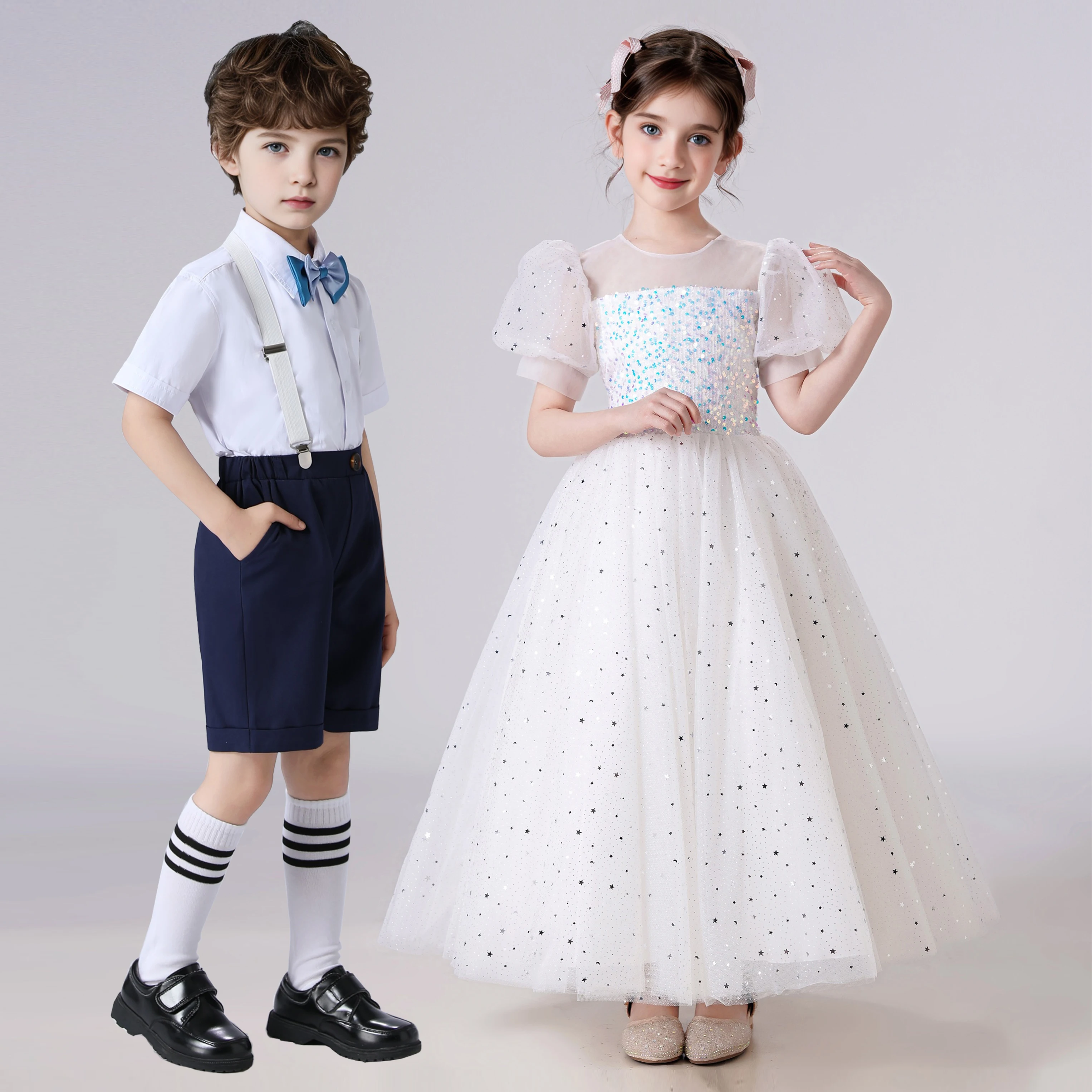 Kids Girl Princess White Long Dress Baby Girl Wedding Ceremony Party Gown Children Boy 2pcs Shirt+Pant Suit For Performance