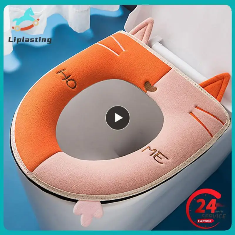 

1PCS Cute Cartoon Cat Design Warm Toilet Seat Cover with Handle Thicken Plush Toilet Mat Universal Toilet Cushion Bathroom