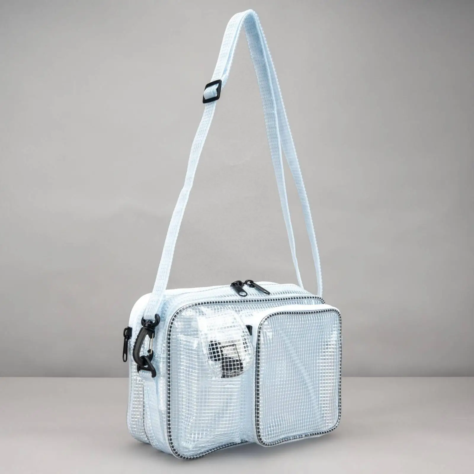 White Transparent Grid PVC Tool Pouch Crossbody Carrier with Adjustable Strap for Electrician Work Organizer
