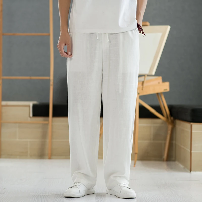 

Men's Summer Thin Wide Leg Pants Loose Fit Straight Cut Cotton Linen Casual Trousers Breathable Lightweight Drapey Sle