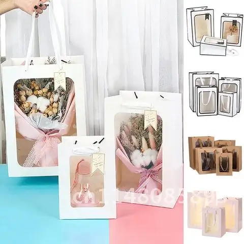 Flower Paper Box with Window Gift Packaging Bags Transperent Paper Bag for Cookies Candy Christmas Party Cajas Para Flores