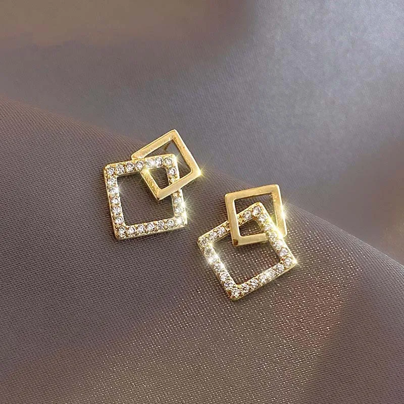 Korean Geometric Double Layers Rhombus Earrings for Women Gold Color Crystal Temperament Earring 2024 Fashion Jewelry Gift