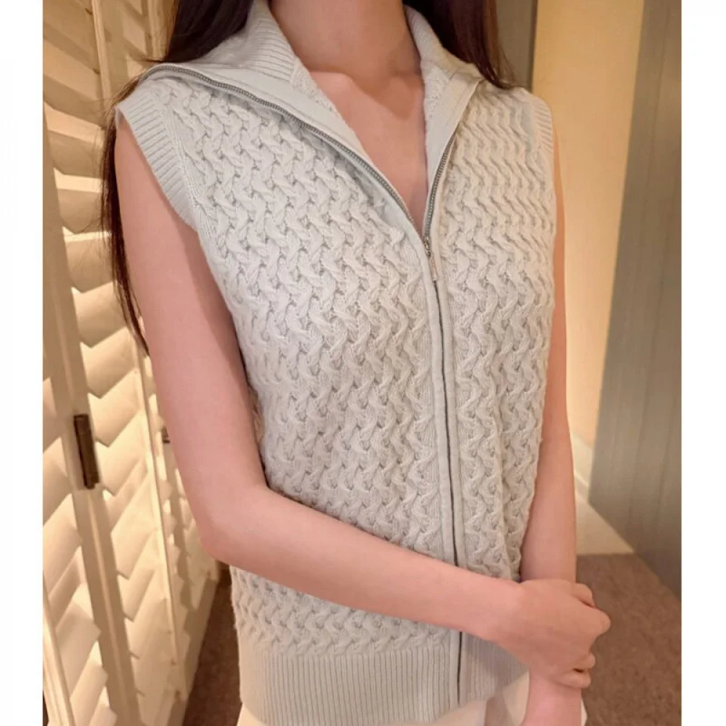 QICHE Women Elegant Cable‑Knit Collared Vest Luxury‑Vibe For Daily‑Outing Layer‑Wear Early‑Fall Youth Casual Occasions