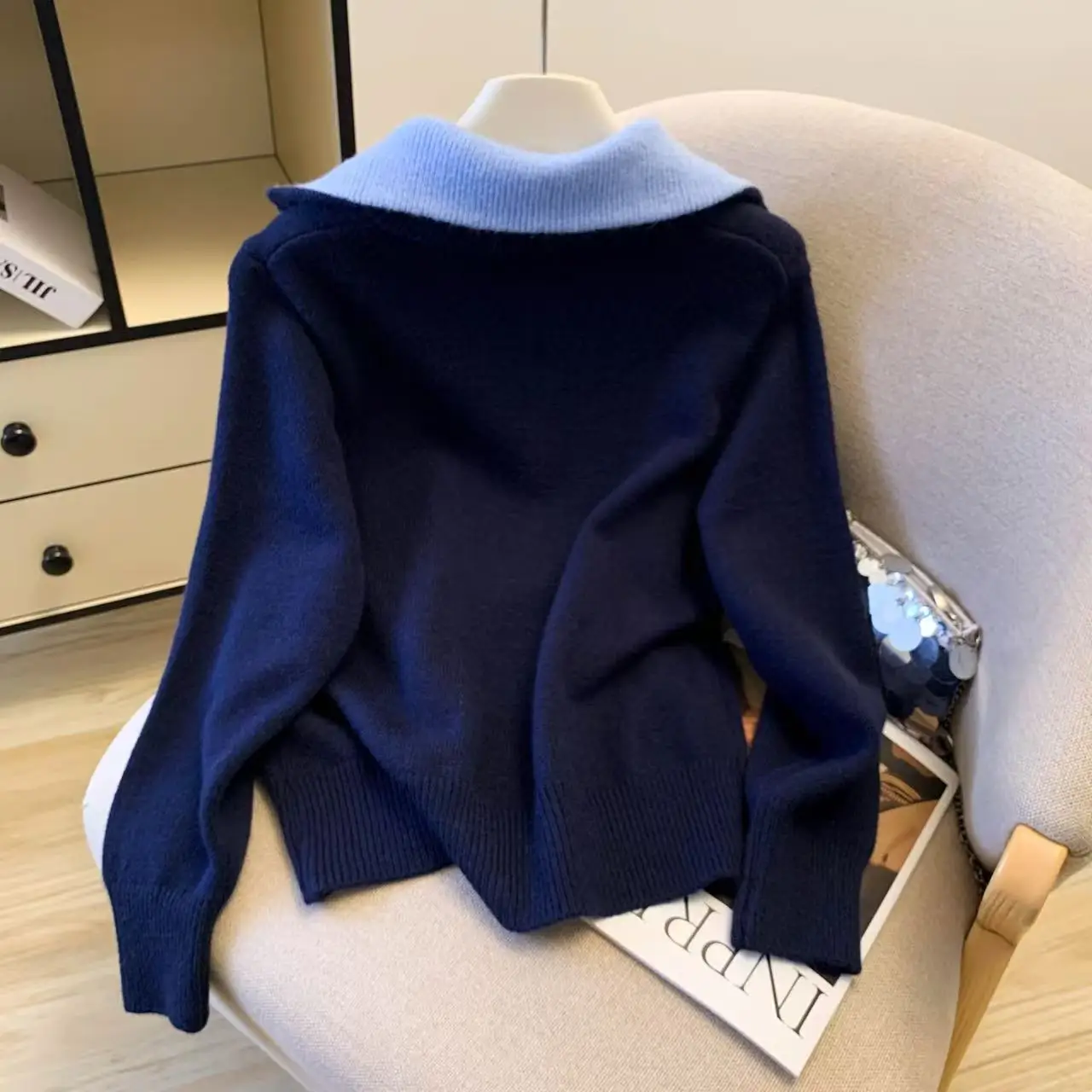 Women's Navy Blue Collared Long Sleeve Zipper Sweater Y2K French Elegant Fashion High Street Office Casual Warm Winter Clothes
