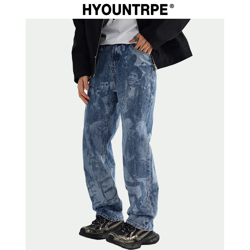 

Designer Human Printed Denim Jeans Mens New Casual Zipper Straight Hip Hop Jeans Streetwear Baggy Pants Joggers Graphic Jeans