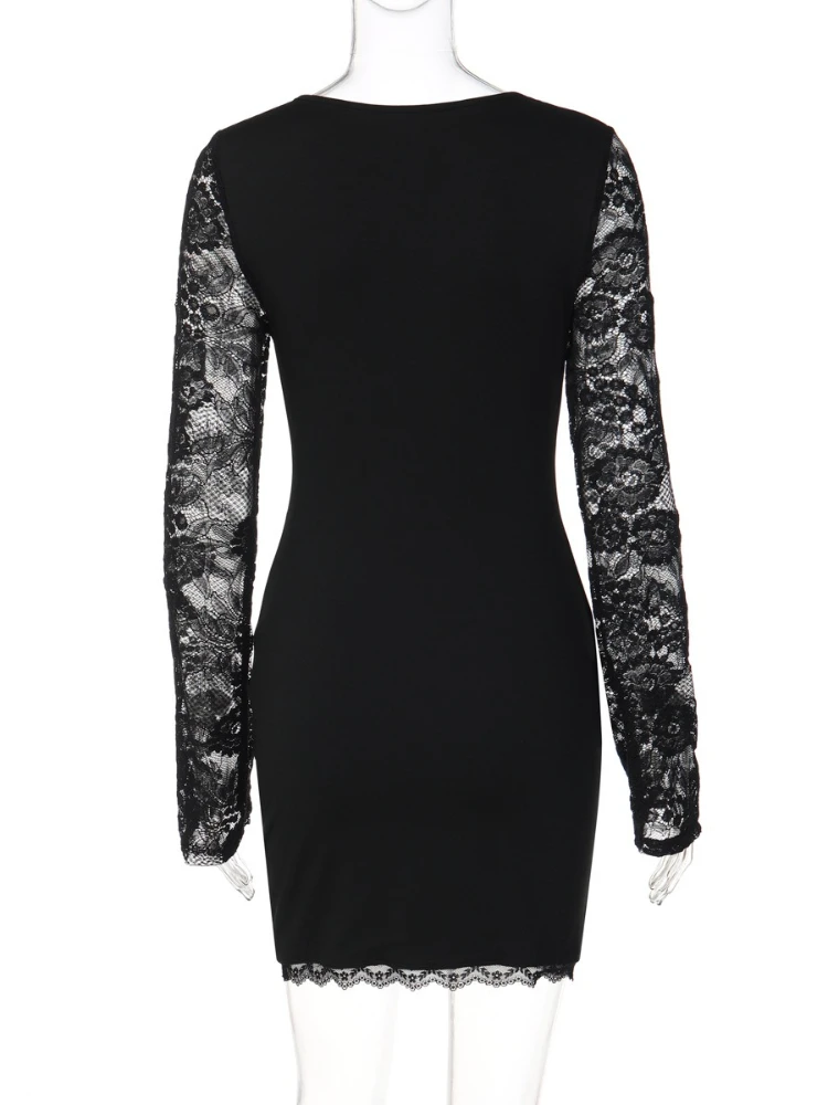 Ropa de mujer de encaje de retazos de manga larga vestido blanco ropa de calle Sexy ceñido al cuerpo paquete cadera corto fiesta noche Club vestidos negro