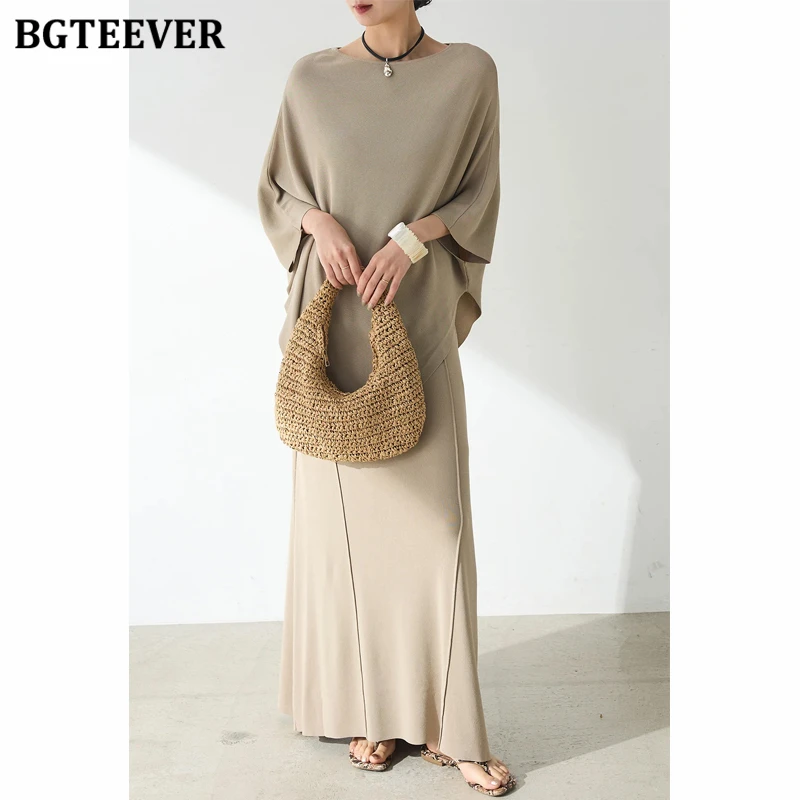 

BGTEEVER стильный женский вязаный комплект из 2 предметов, пуловеры нестандартной формы с короткими рукавами, топы и юбки-миди, летние женские наряды