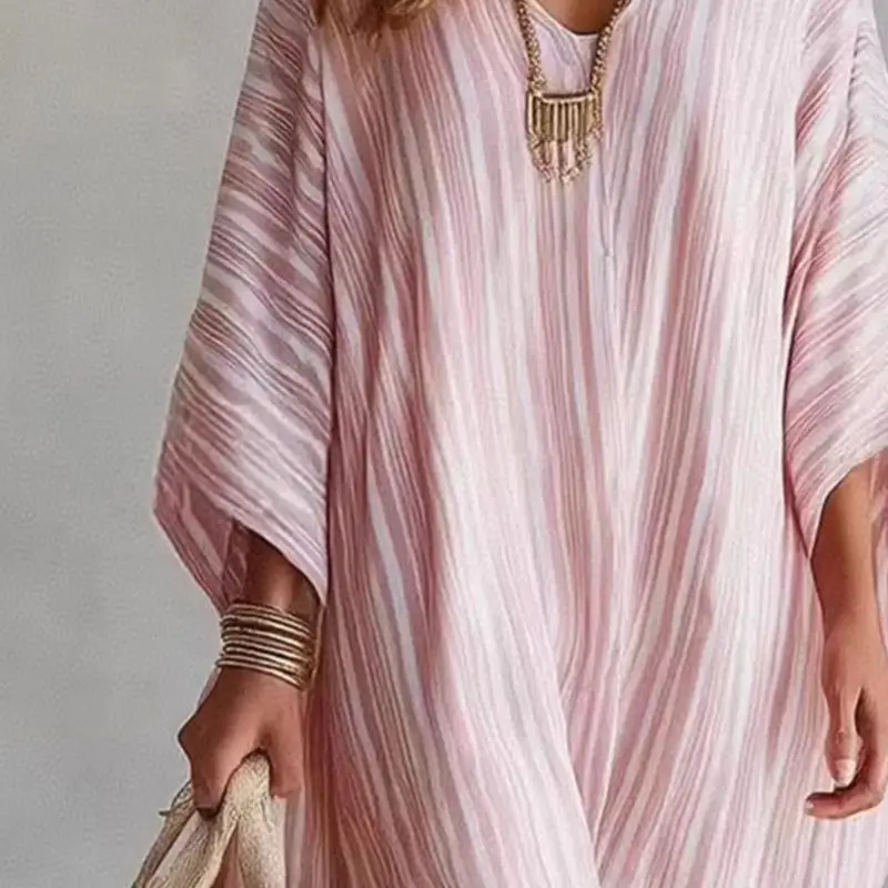 Damen Sommerkleid mit Streifen, Locker Geschnittenes V-Ausschnitt 3/4-Ärmel Boho Maxikleid, Lässiges Fließendes Strandkleid für Urlaub, Süßes Outfit