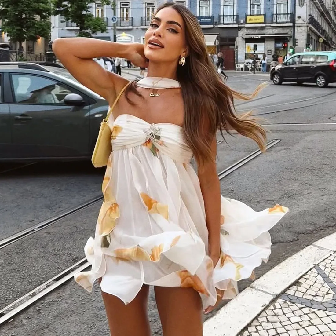 

Printed Mesh Strapless Mini Dress Low Neck Sleeveless Backless Dresses Chic High Street Daily Commute 2025 Lady New Robe