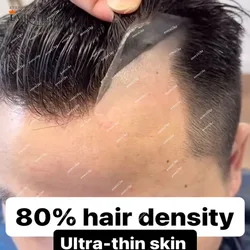 80%Density Natural Hairline 0.02mm Super Thin Skin Invisible Base Men's Toupee Grey Male Human Hair Capillary Prosthesis System