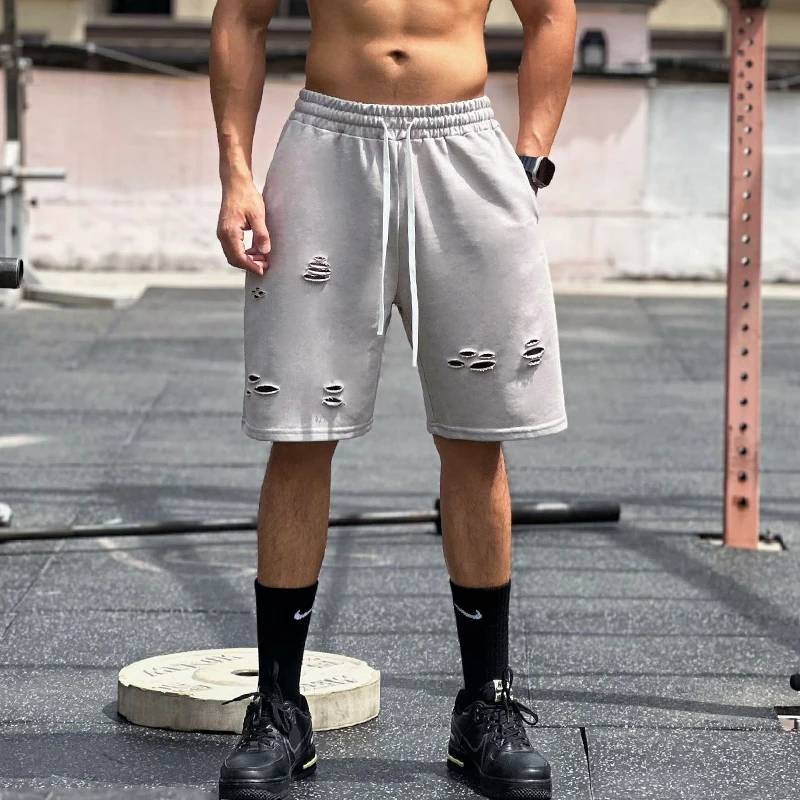 Men's Summer Sport Shorts Casual Loose Fit American Style Hole Design  Color Basketball Squat Training Fitness Five-Quar...