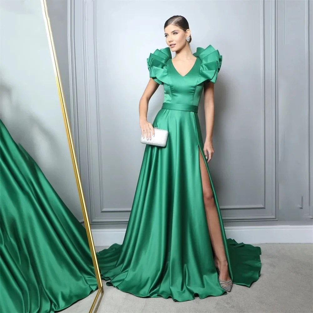 OTHRAY Chic Woman Evening Dresses Gown Ruched V Neck Stain Ball Gown A Line Side Split Night Dresses Gown Green robes de soirée