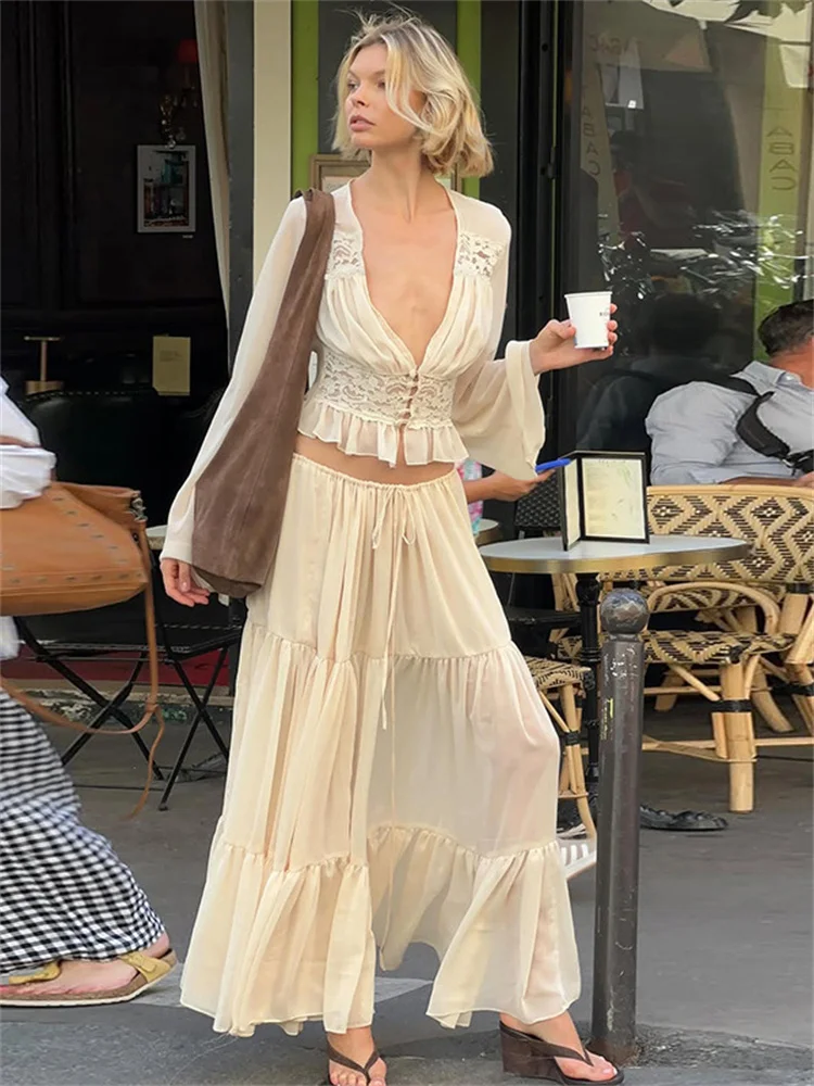 

Tossy Fashion Chiffon 2 Piece-Set Long Skirt Women Lace V-Neck Hollow Out Cardigan And Loose Maxi Skirt Sets Female Sexy Outfits