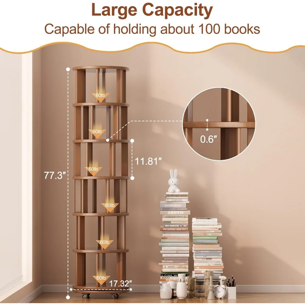 

Solid Wood Rotating Bookshelf with Brake Wheels, 360°Display 6 Tier Floor Stackable Spinning Bookshelf Tower for Kids&Adults